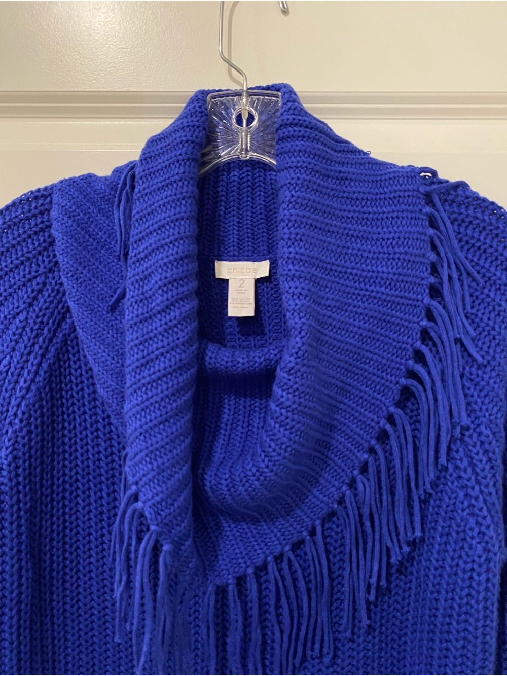 Chico’s Size 2 L Cobalt Blue Fringe Cowl Neck Chunky Knit Sweater - Picture 3 of 6